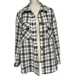 Urban Daizy Black White Plaid Gold Button Tweed Shirt Jacket Womens Large